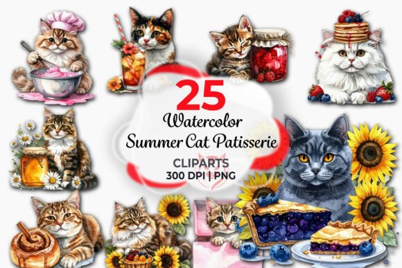 Download Summer Cat Patisserie Watercolor Clipart - Watercolor Collection