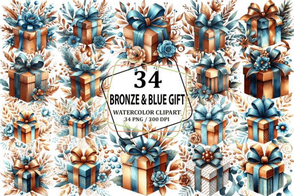 Download Watercolor Bronze &amp; Blue Gift Clipart - Watercolor Collection