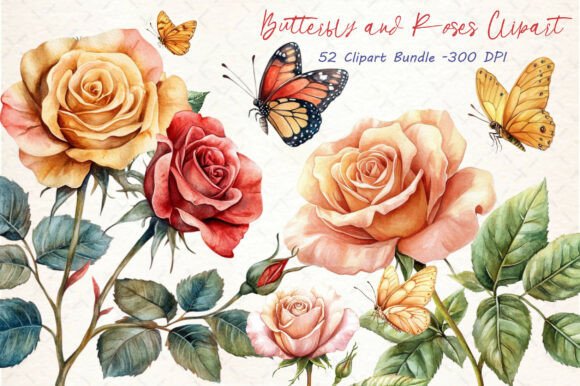 Download Watercolor Butterfly and Roses Clipart - Watercolor Collection