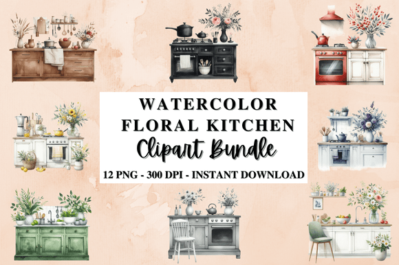 Download Watercolor Floral Kitchen Clipart Bundle - Watercolor Collection