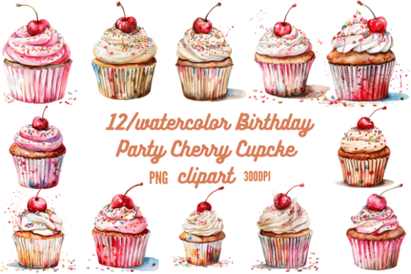 Download Watercolor Birthday Party Cherry Cupcake - Watercolor Collection